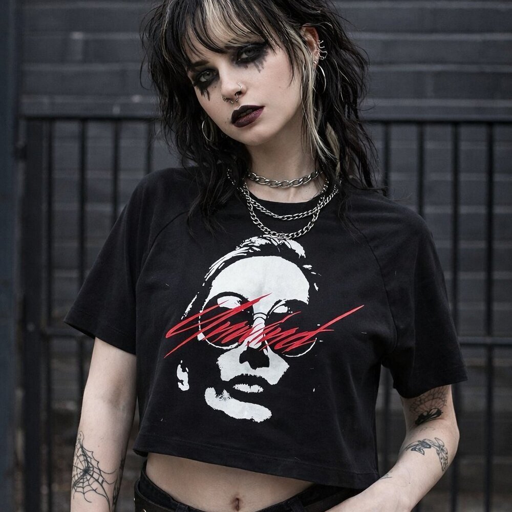 Grunge Punk, Size XL, Black graphic Cropped Top Short Sleeve